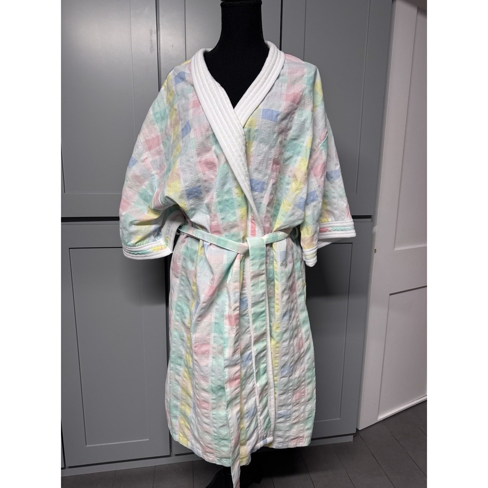 National Pastel Plaid Seersucker Robe Womens 3X Kimono Terry Trim Belted Pockets